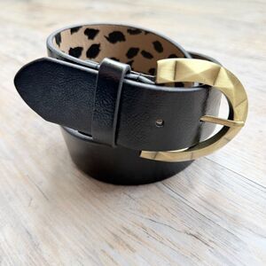 Betsey Johnson Black Leather Belt Leopard Lining Gold Buckle 40” Statement